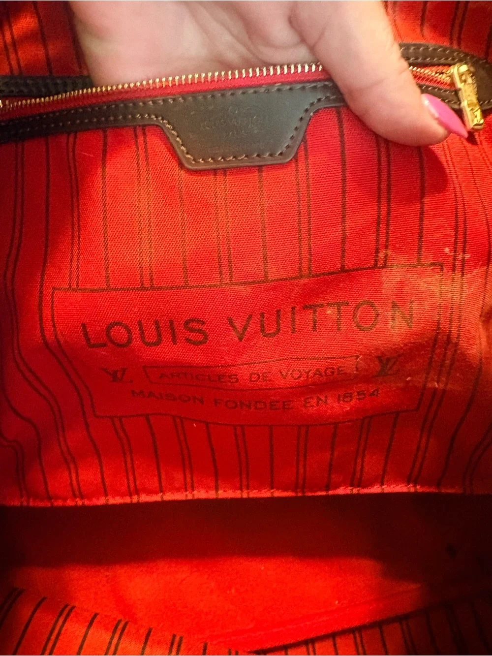 Designer-Style Brown Checkered Tote Bag with Red Interior